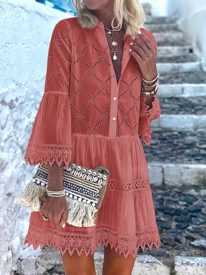 Pure Color Hollow Lace Stitching Dress