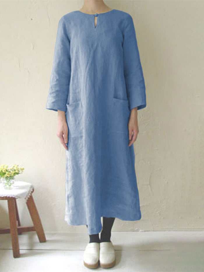 Pure Color Round Neck Long Sleeve Loose Casual Dress