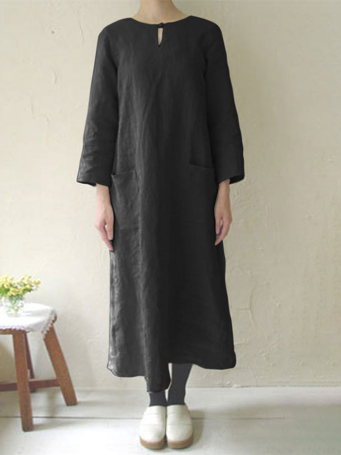 Pure Color Round Neck Long Sleeve Loose Casual Dress