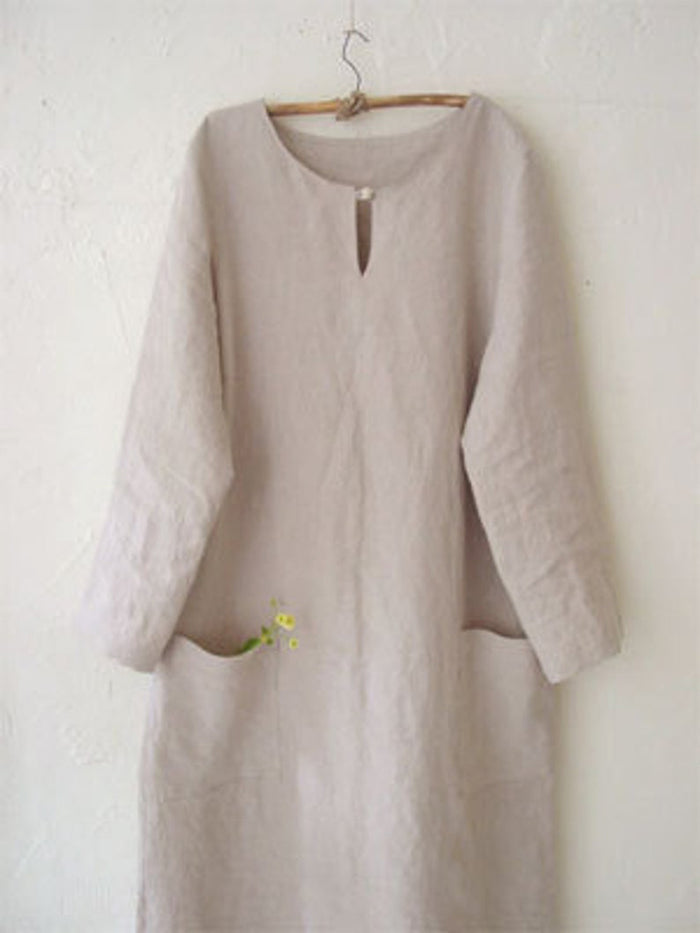 Pure Color Round Neck Long Sleeve Loose Casual Dress