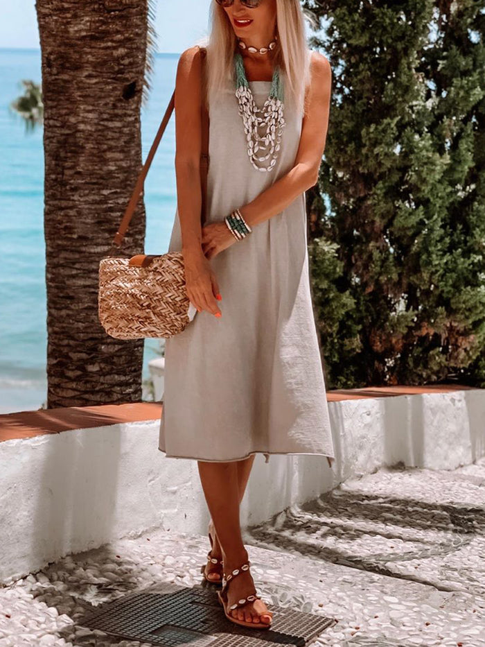 Pure Color Sleeveless Casual Dress