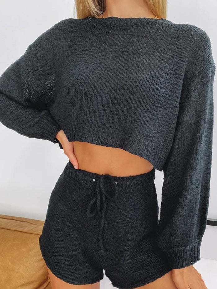 Pure Color Tops Casual Shorts Knit Set