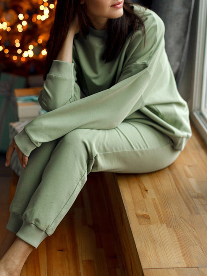 Pure Color Tracksuit Pajamas Tops Sweatshirt Trousers Two-Piece