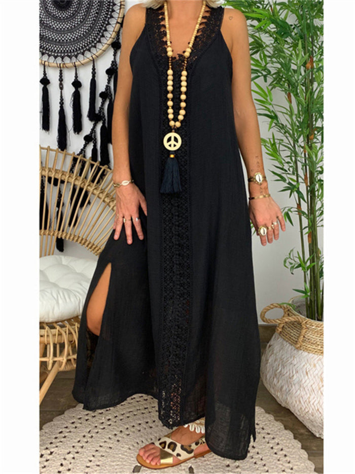 Pure Color V-Neck Strapless Lace Maxi Dress