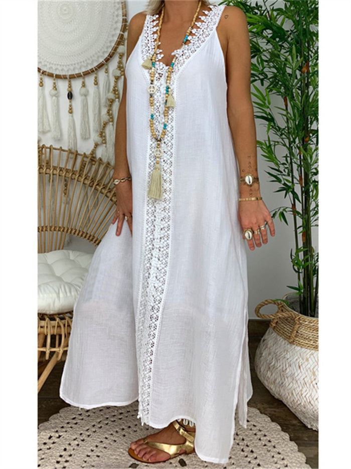 Pure Color V-Neck Strapless Lace Maxi Dress