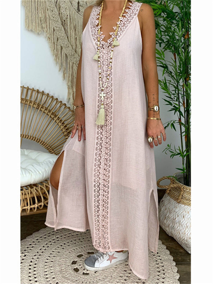 Pure Color V-Neck Strapless Lace Maxi Dress
