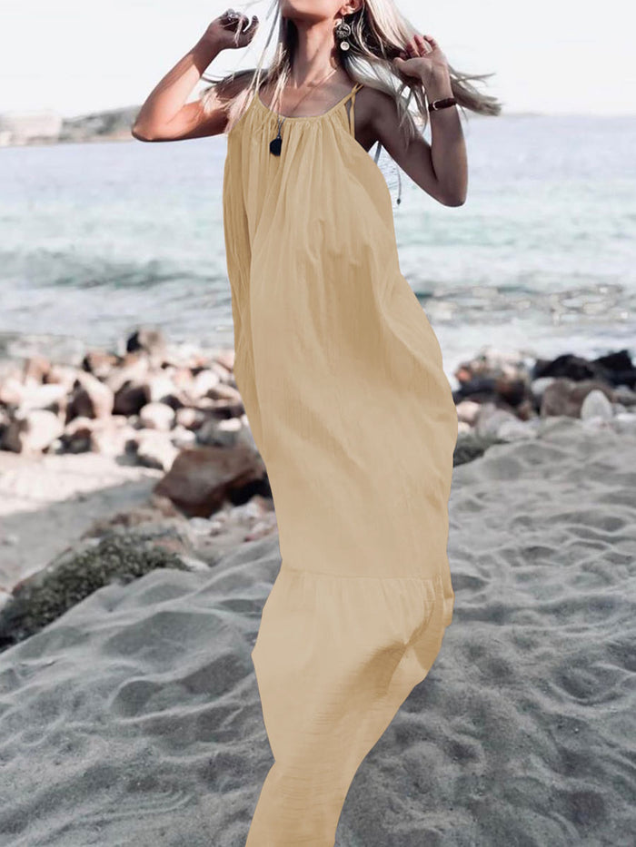 Pure Color Vacation Beach Loose Backless Maxi Dress