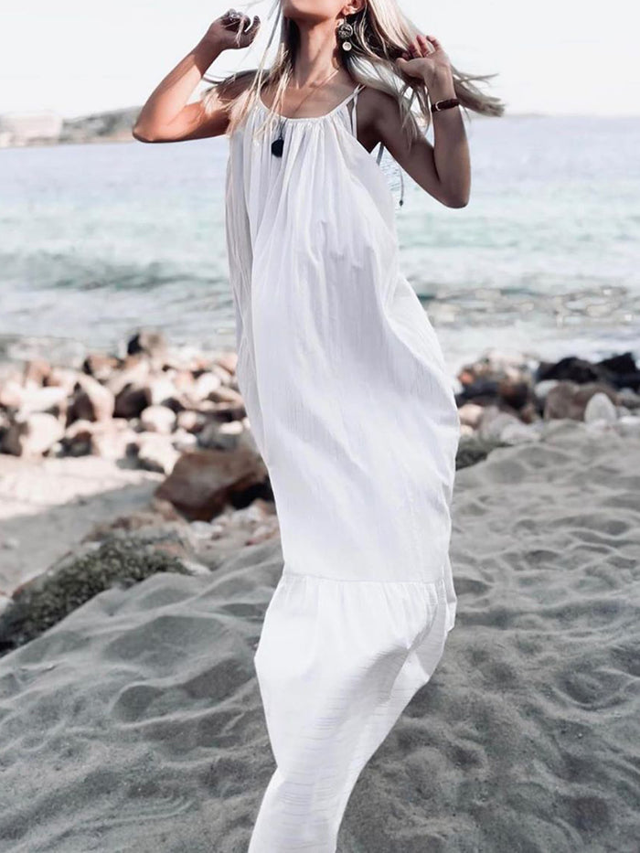 Pure Color Vacation Beach Loose Backless Maxi Dress