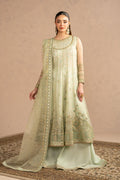 Raabi pistachio 3 piece semi formal outfit with long organza frock, PK raw silk sharara and embroidered organza dupatta, ready to wear occasion dress.