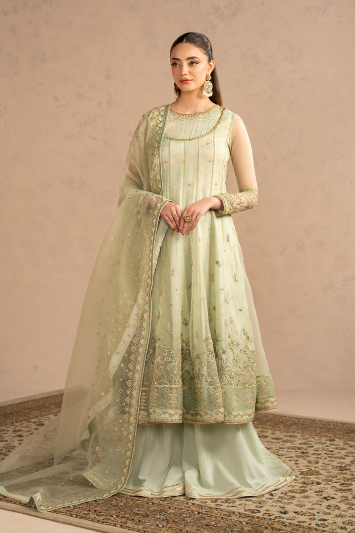 Front standing view showing wide flared frock fall with bordered hem and neat neckline detailing, elegant festive wear.