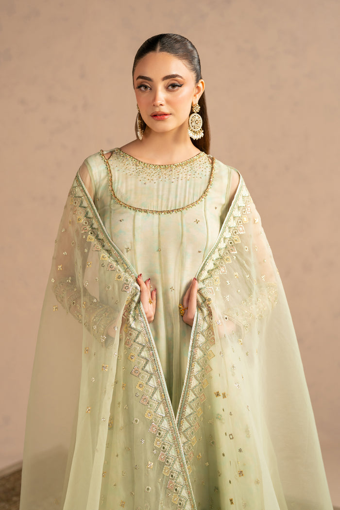 Close portrait focusing on neckline adda work, sleeve borders and fine motif embroidery on pistachio fabric.