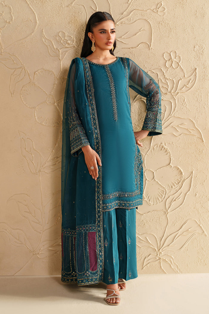 NAQSHI deep teal dress with fine embroidery and straight long cut, styled for elegant occasions