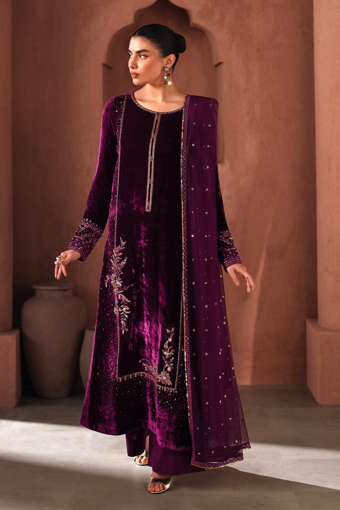NAQSHI deep purple velvet ready-to-wear formal dress with full front embroidery and elegant long silhouette, designed for party and evening events
