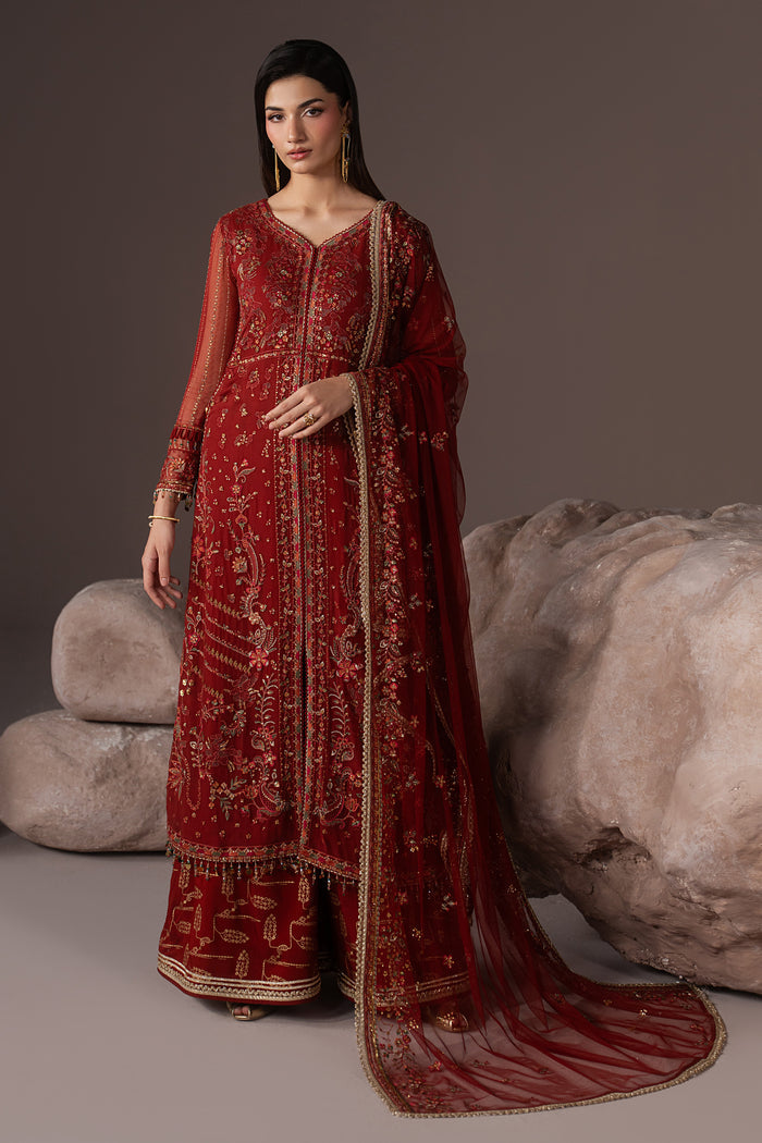 Rayaleen rust orange 3-piece semi-formal outfit with embroidered Crinkle A-line gown, PK Raw Silk flared pants and Net dupatta in a full front view.