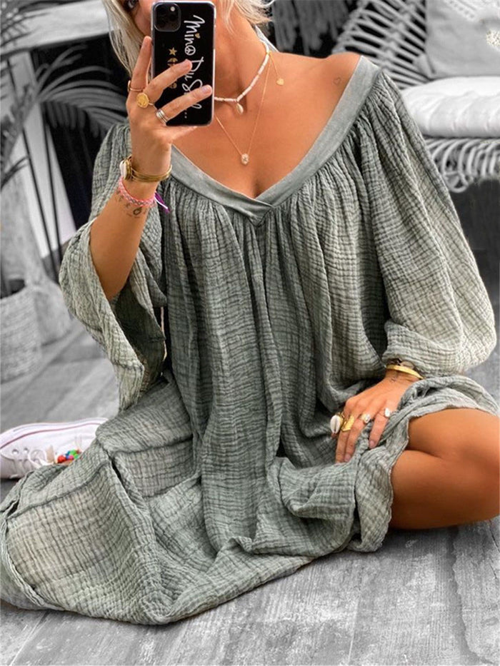 Retro Casual Loose Plain V-Neck Maxi Dress