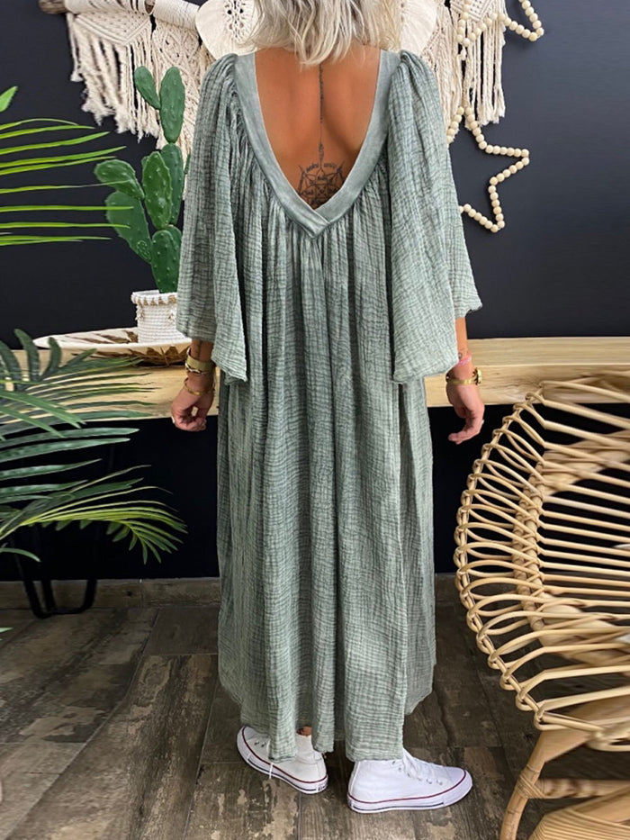 Retro Casual Loose Plain V-Neck Maxi Dress