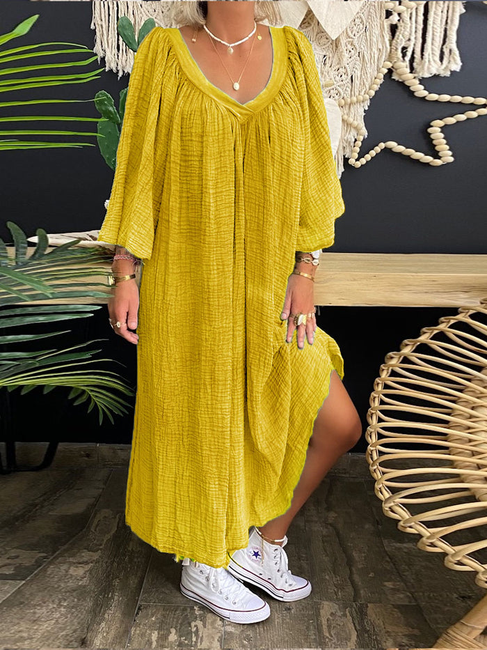 Retro Casual Loose Plain V-Neck Maxi Dress
