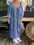 Retro Casual Loose Plain V-Neck Maxi Dress