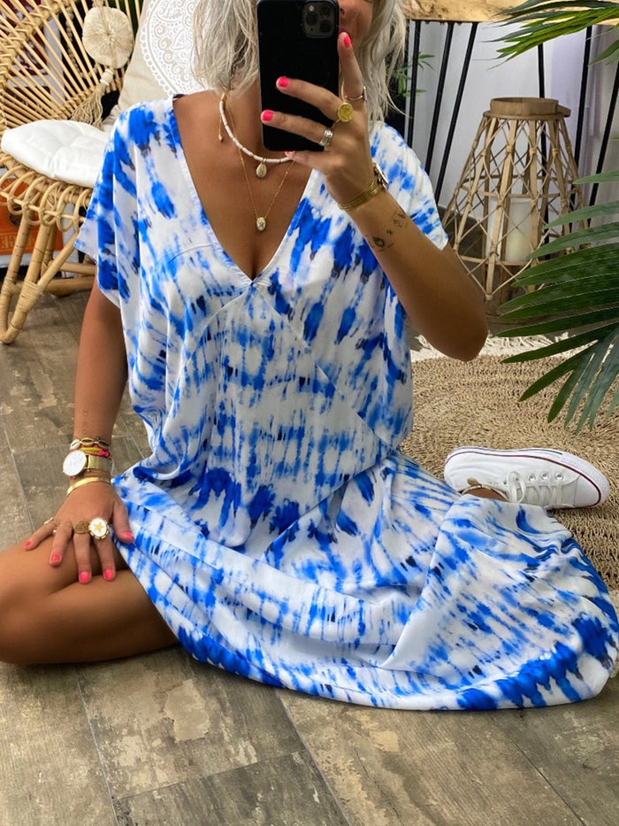 Retro Casual Loose V Neck Tie Dye Dress