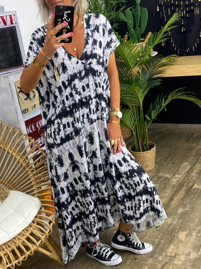 Retro Casual Loose V Neck Tie Dye Dress