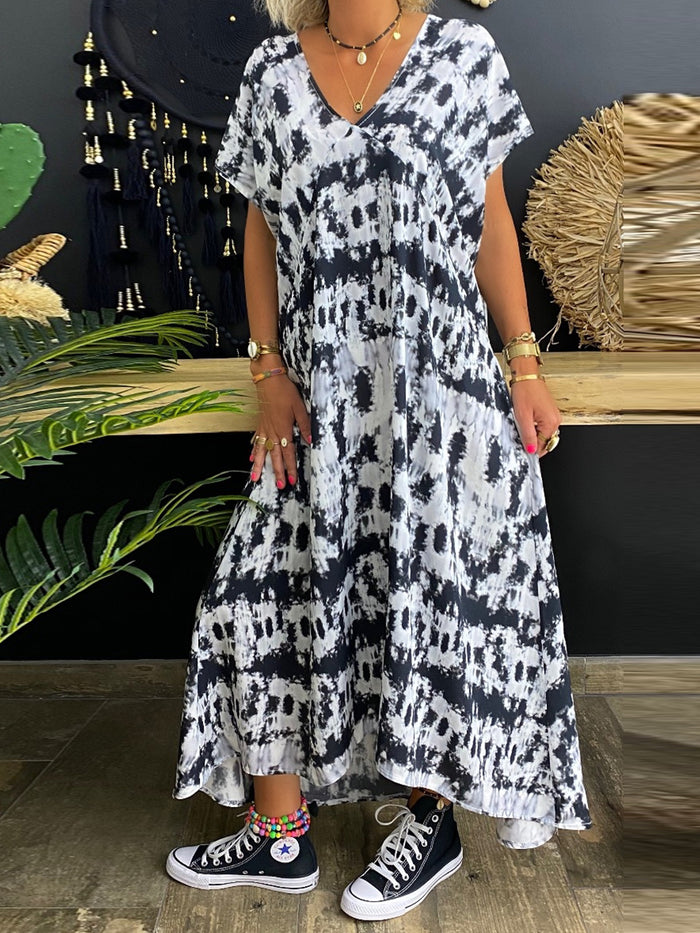 Retro Casual Loose V Neck Tie Dye Dress