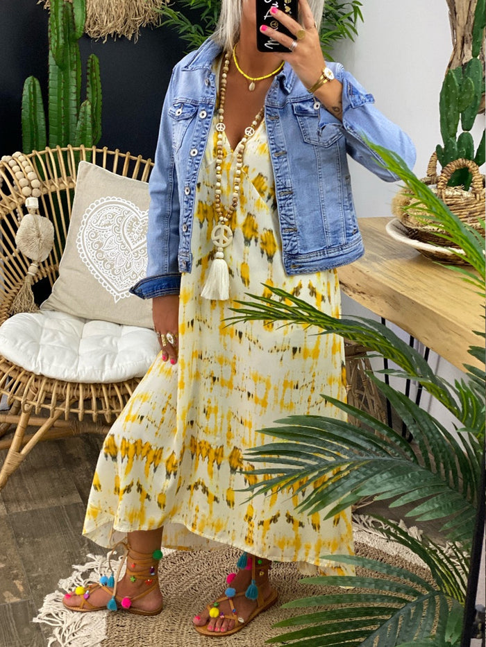Retro Casual Loose V Neck Tie Dye Dress