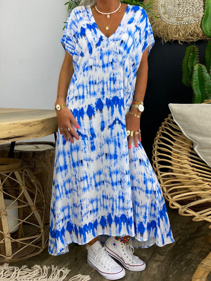 Retro Casual Loose V Neck Tie Dye Dress