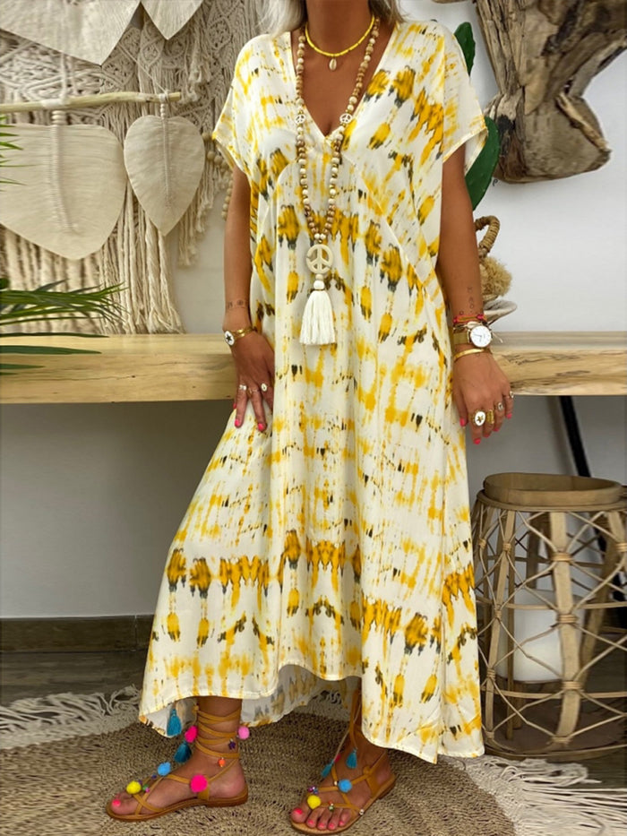 Retro Casual Loose V Neck Tie Dye Dress