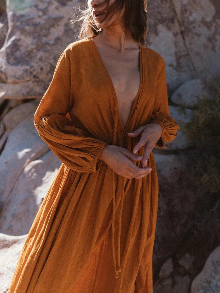 Retro Loose Long Sleeve V-neck Drawstring Casual Dress