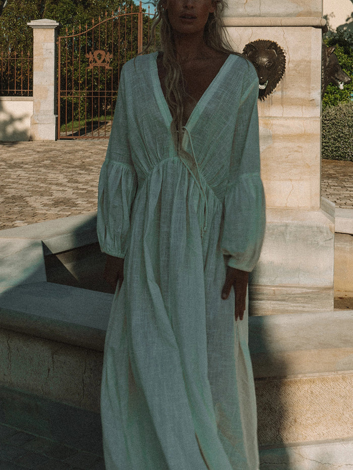 Retro Loose Long Sleeve V-neck Drawstring Casual Dress