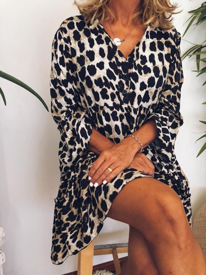 Retro Simple Casual Loose V Neck Leopard Print Dress