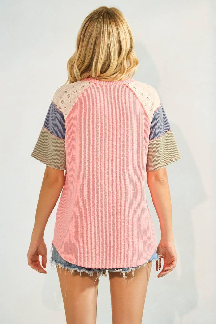 Rib Patchwork Button Front Raglan Short Sleeve Top