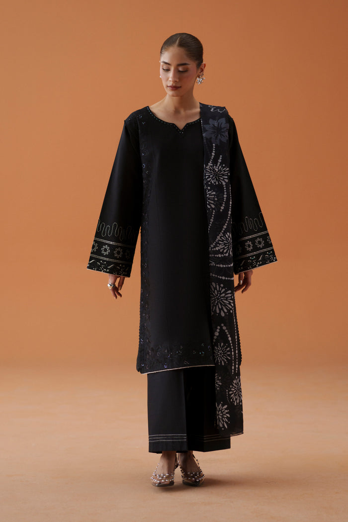 Riedel black 3-piece ready-to-wear casual festive outfit with embroidered lawn shirt, cambric culotte trouser, and printed chiffon dupatta.