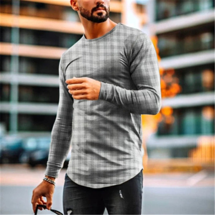 Round Neck Fashion Casual Check Long Sleeve T-Shirt