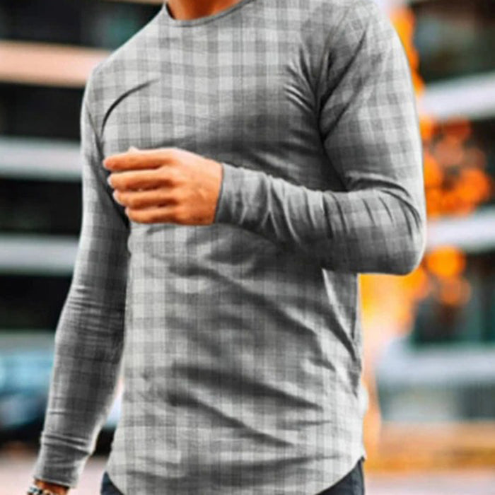 Round Neck Fashion Casual Check Long Sleeve T-Shirt
