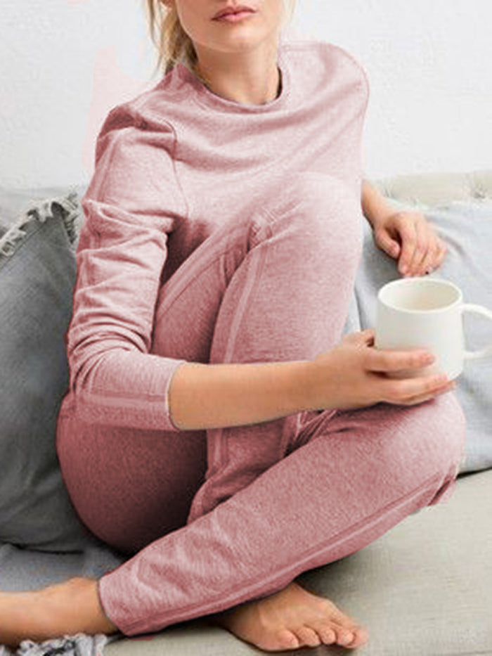 Round Neck Long Sleeve Top Casual Jogging Trousers Two Piece Set