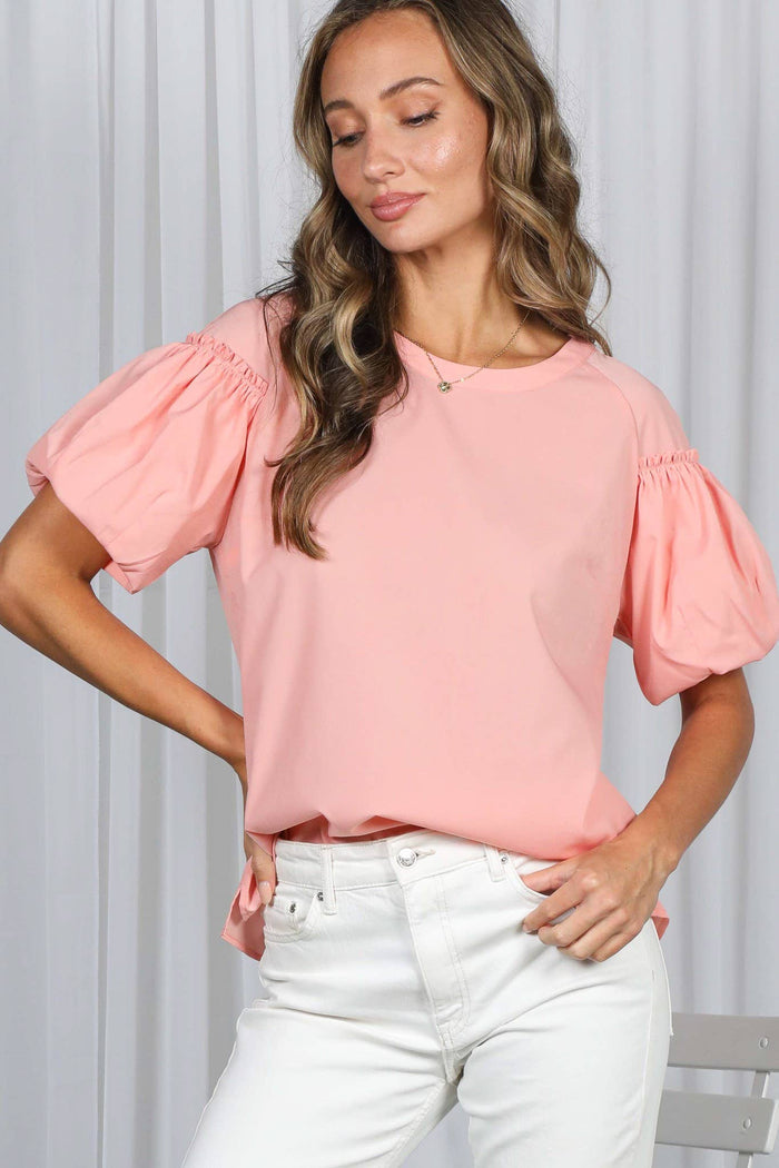 Ruffle Accent Short Puff Sleeve Feminine Blouse Top