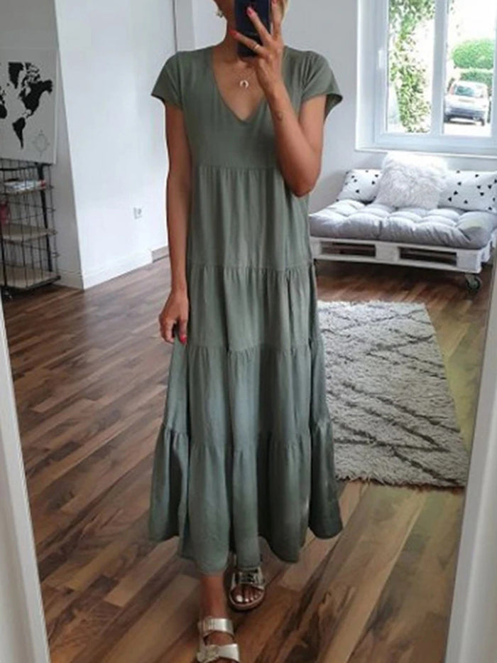 Ruffled Short Sleeve Solid Color Casual Dress