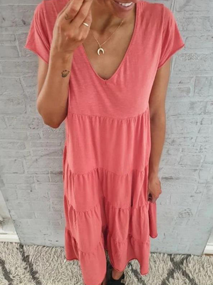 Ruffled Short Sleeve Solid Color Casual Dress