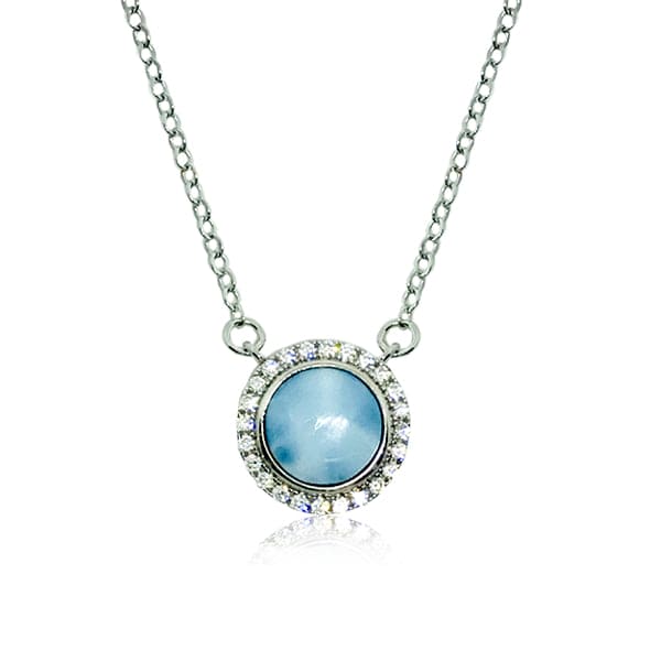 S. Silver and Larimar Round CZ Halo Necklace