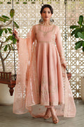 Front view of NAQSHI Safron peach viscose Masoori frock with rich embroidery and sequin‑embellished bodice