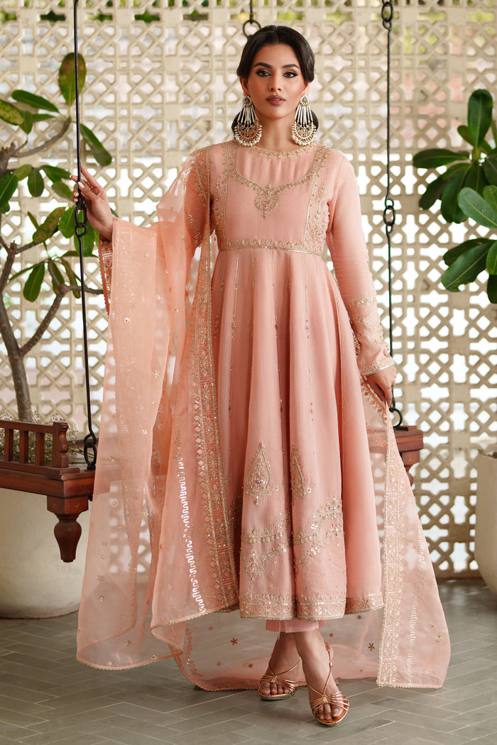 Front view of NAQSHI Safron peach viscose Masoori frock with rich embroidery and sequin‑embellished bodice