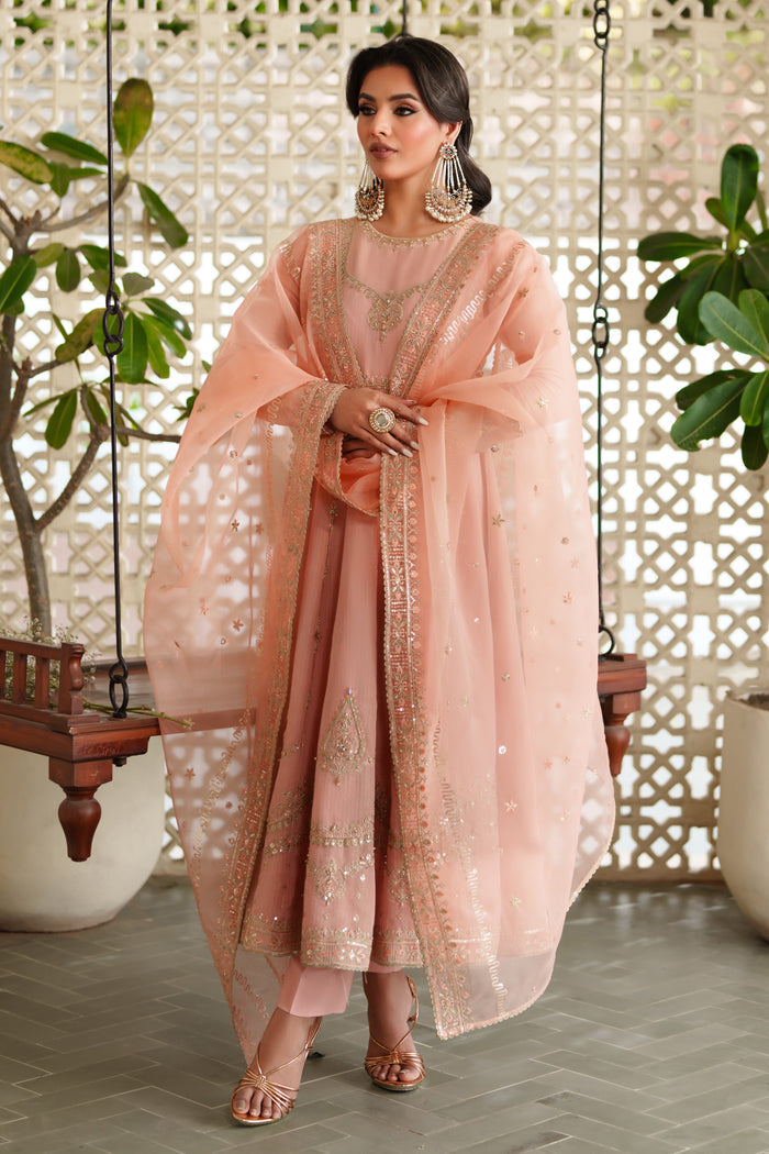 NAQSHI Safron PK raw silk straight trouser with sleek finish perfectly paired with peach frock