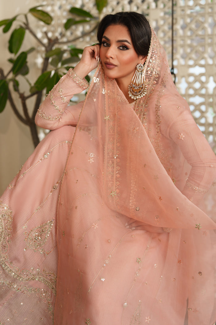 Organza dupatta from NAQSHI Safron draped elegantly, displaying length‑wise embroidery and sequin spread