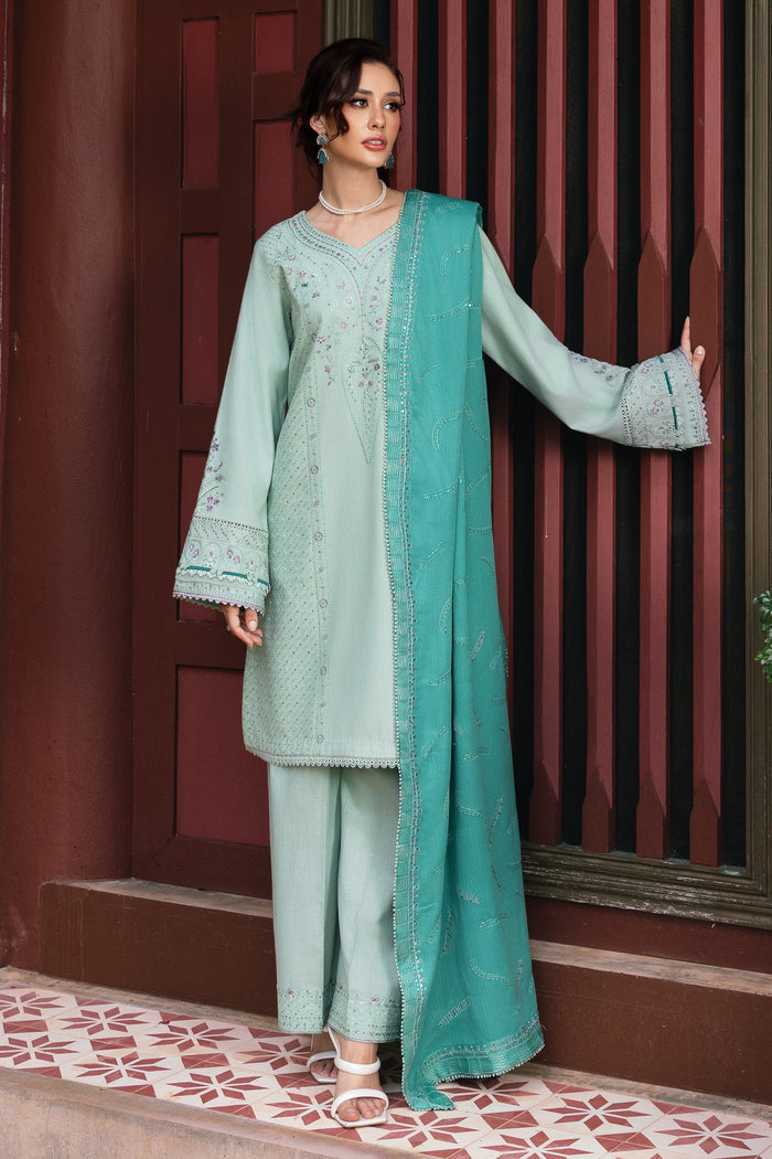 Woman in a light green traditional outfit with a teal dupatta standing against a red wall.