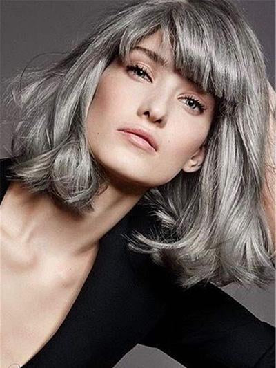 Salt and Pepper Hair Medium Bob Silver Grey Straight Synthetic Wigs