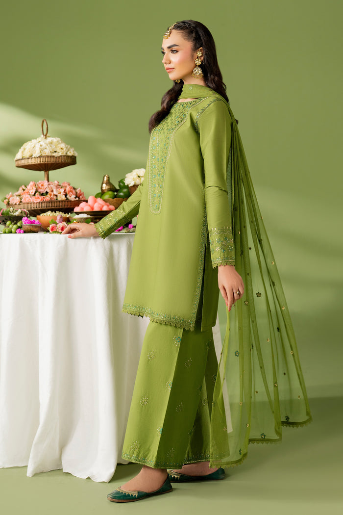 Side back view of NAQSHI Sana outfit showing straight lawn shirt fall and flowing net dupatta