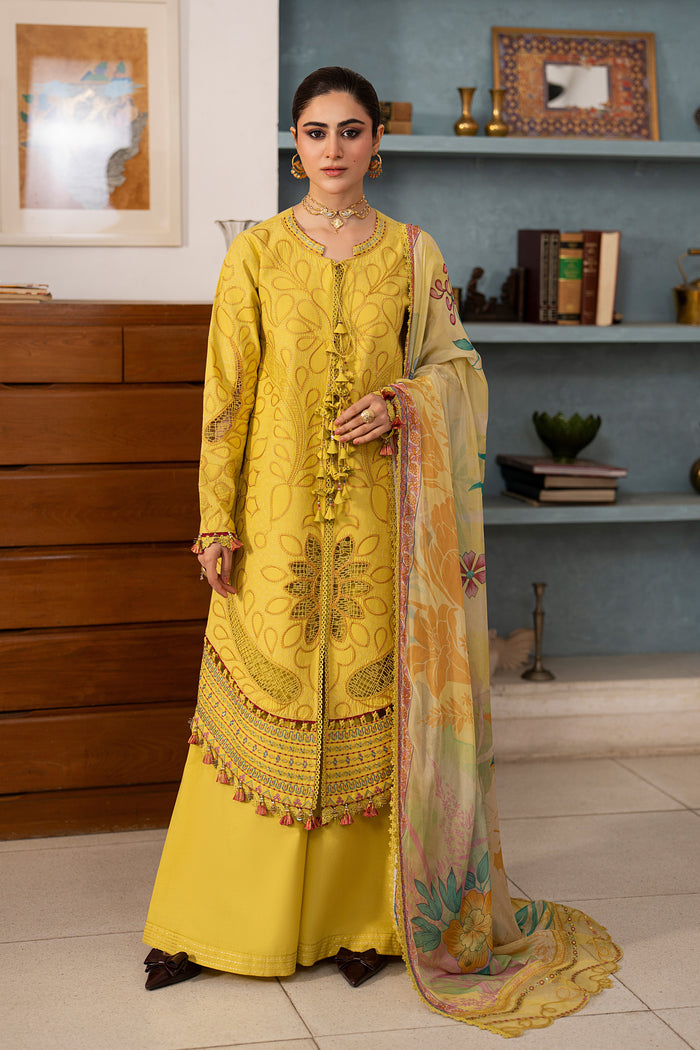 NAQSHI Seraya lemon embroidered lawn 3-piece outfit with flairy cambric culottes and floral tissue silk dupatta from Seran Summer Casual Capsule