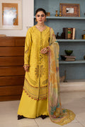 NAQSHI Seraya lemon embroidered lawn 3-piece outfit with flairy cambric culottes and floral tissue silk dupatta from Seran Summer Casual Capsule