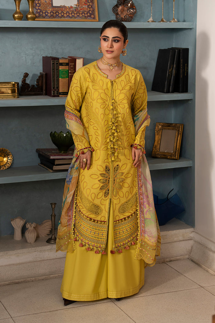 Full-length front view of Seraya lemon embroidered lawn dress with machine embroidery, lace finishing and elegant Eastern summer silhouette